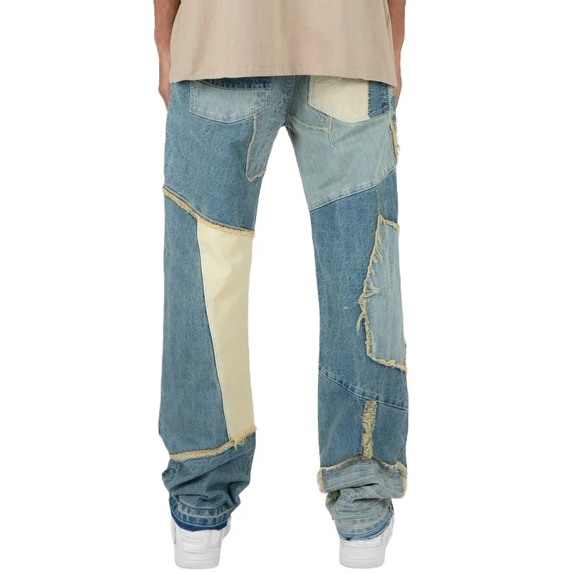 Loose Fit With Contrast Fabric Patchwork Distressed Raw Seam Men Wide-leg Baggy Jeans