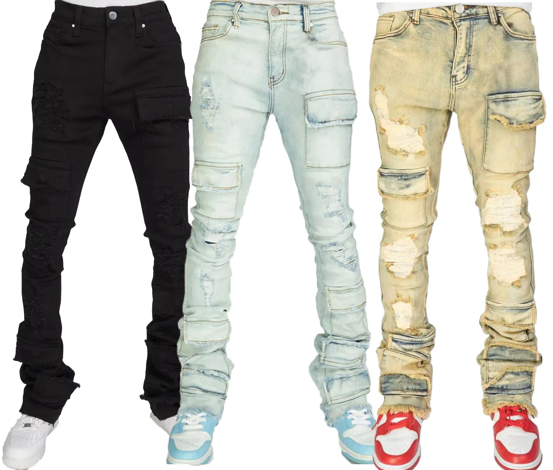 Men'S Jeans Washed Ripped Flare Stacked Pants Men'S Vintage Cargo Straight-Leg Mid Waist Pants Stretch Bottoms