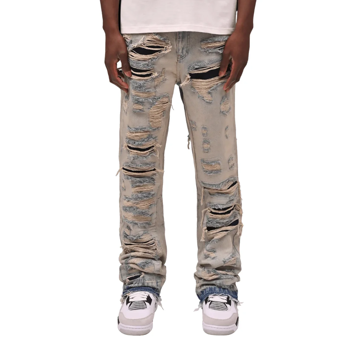 Y2K Sandblasted Vintage Blue Washing Hand Distressed Mens Flared Jeans