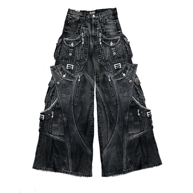 Loose Fit Embroidered Folded Jeans Black Street Wear Loose Jeans Cotton Jeans for Men